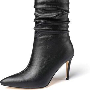 vivianly Womens Pointed Toe Heel Boots Stiletto Heels Mid-Calf Boots Zipper Boot